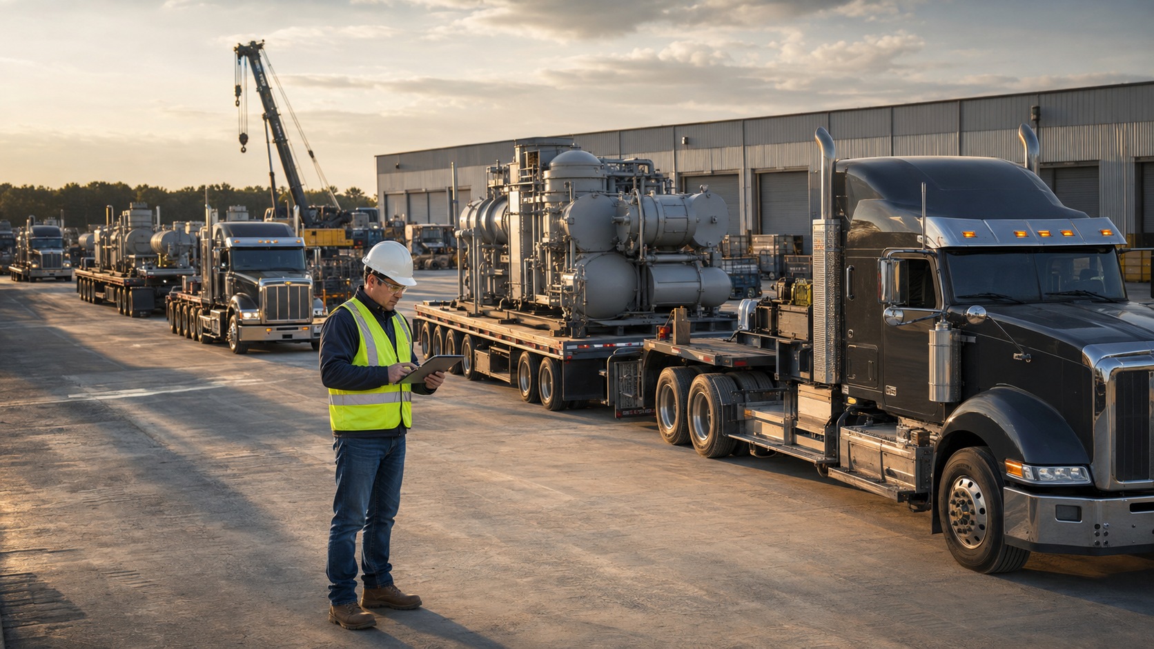 Heavy haul trucks and industrial equipment organized in a nationwide staging yard