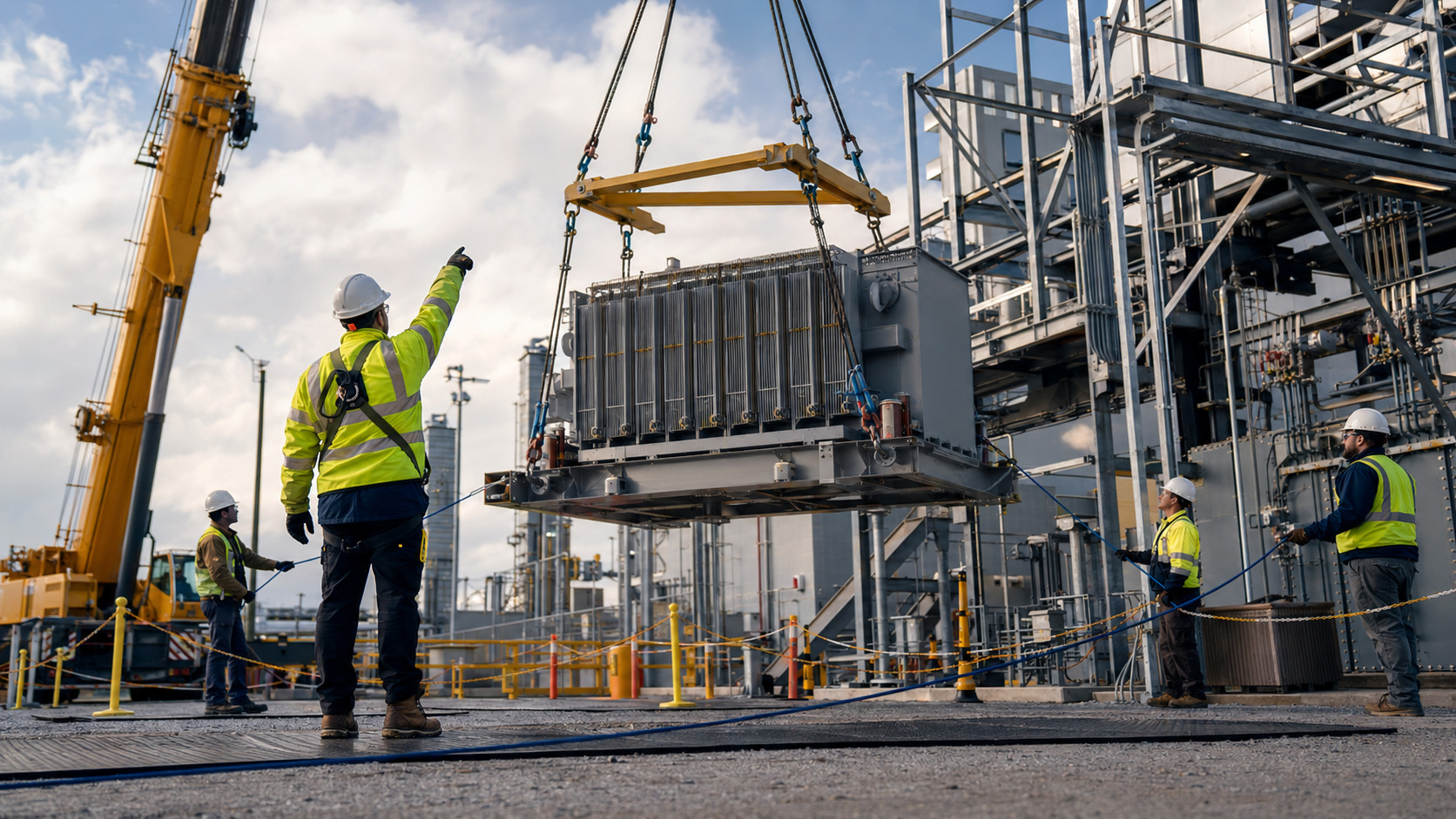 Professional industrial crew coordinating a precision transformer lift